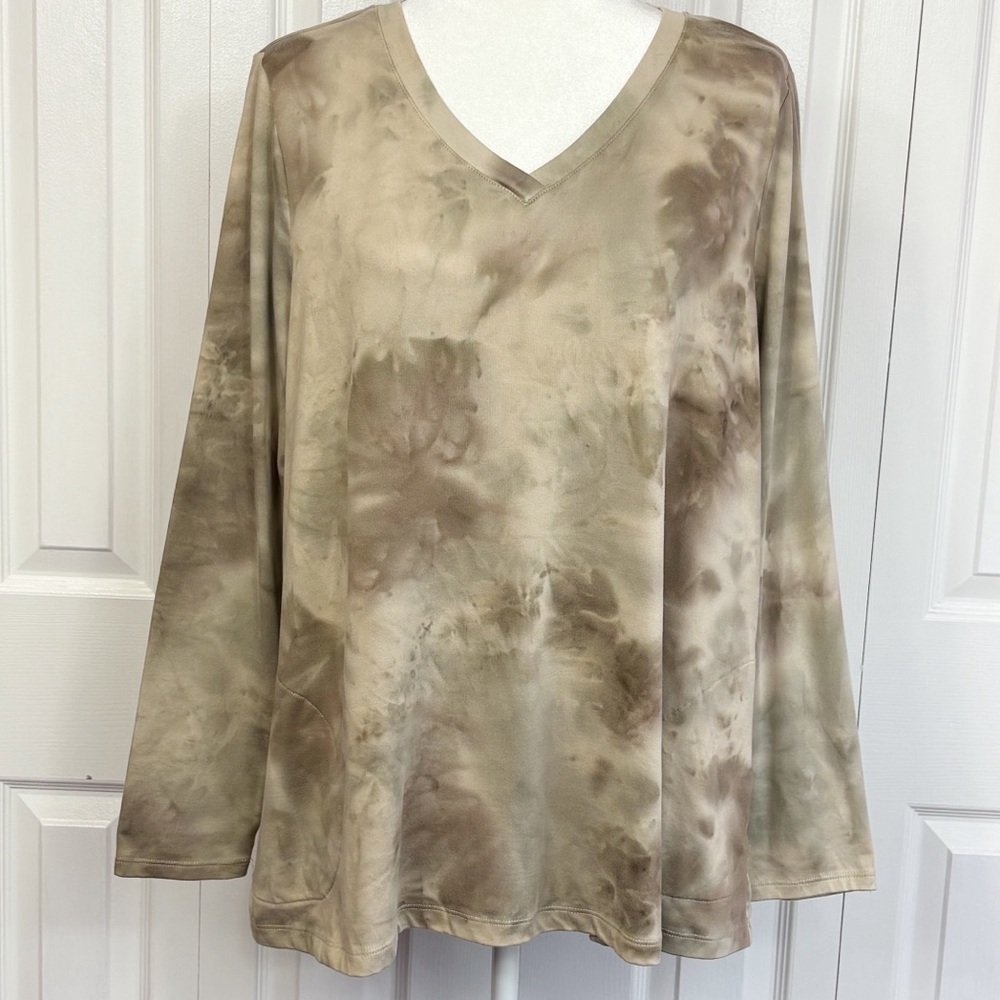LOGO Lori Goldstein Lounge Brown Brushed Knit Tie Dye V-Neck Top Large